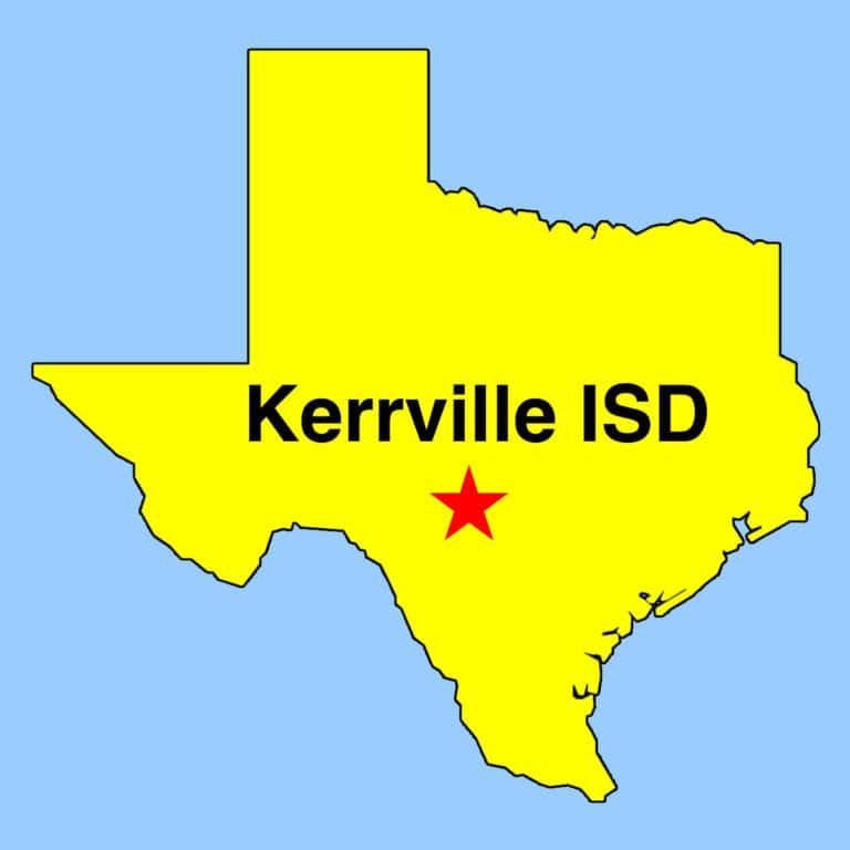 Image: Outline map of Texas depicting location of Kerrville ISD with a red star.