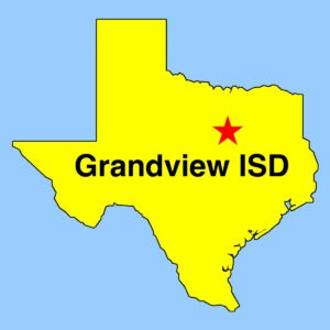 Outline map of Texas, with Grandview ISD's location depicted with a red star