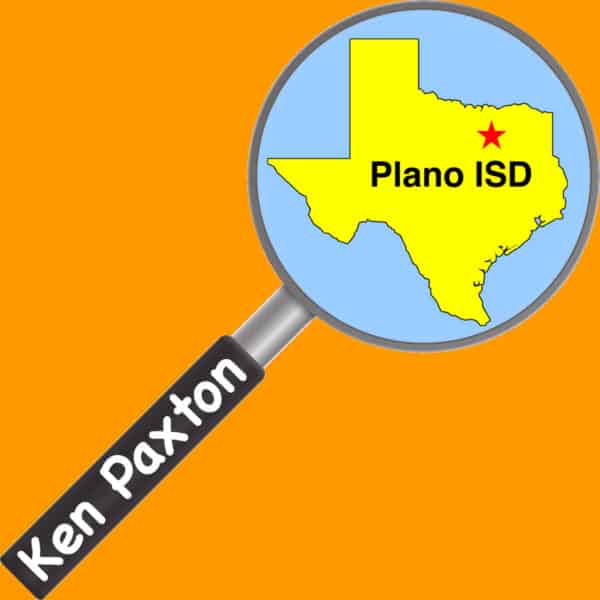 Clip Art: Ken Paxton name on magnifying glass, with Plano ISDin interior