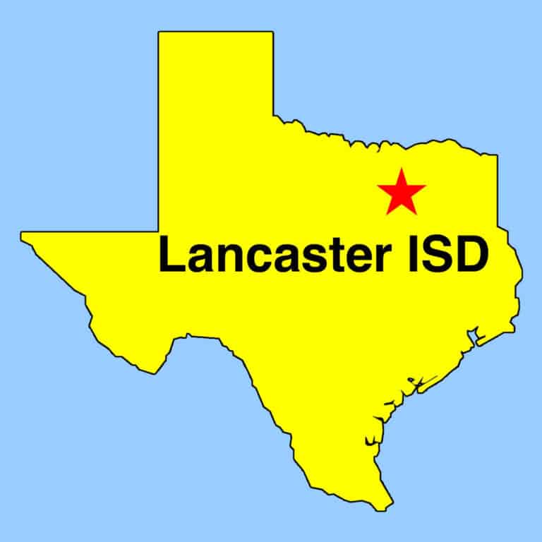 Outline map of Texas with red star depicting location of Lancaster ISD