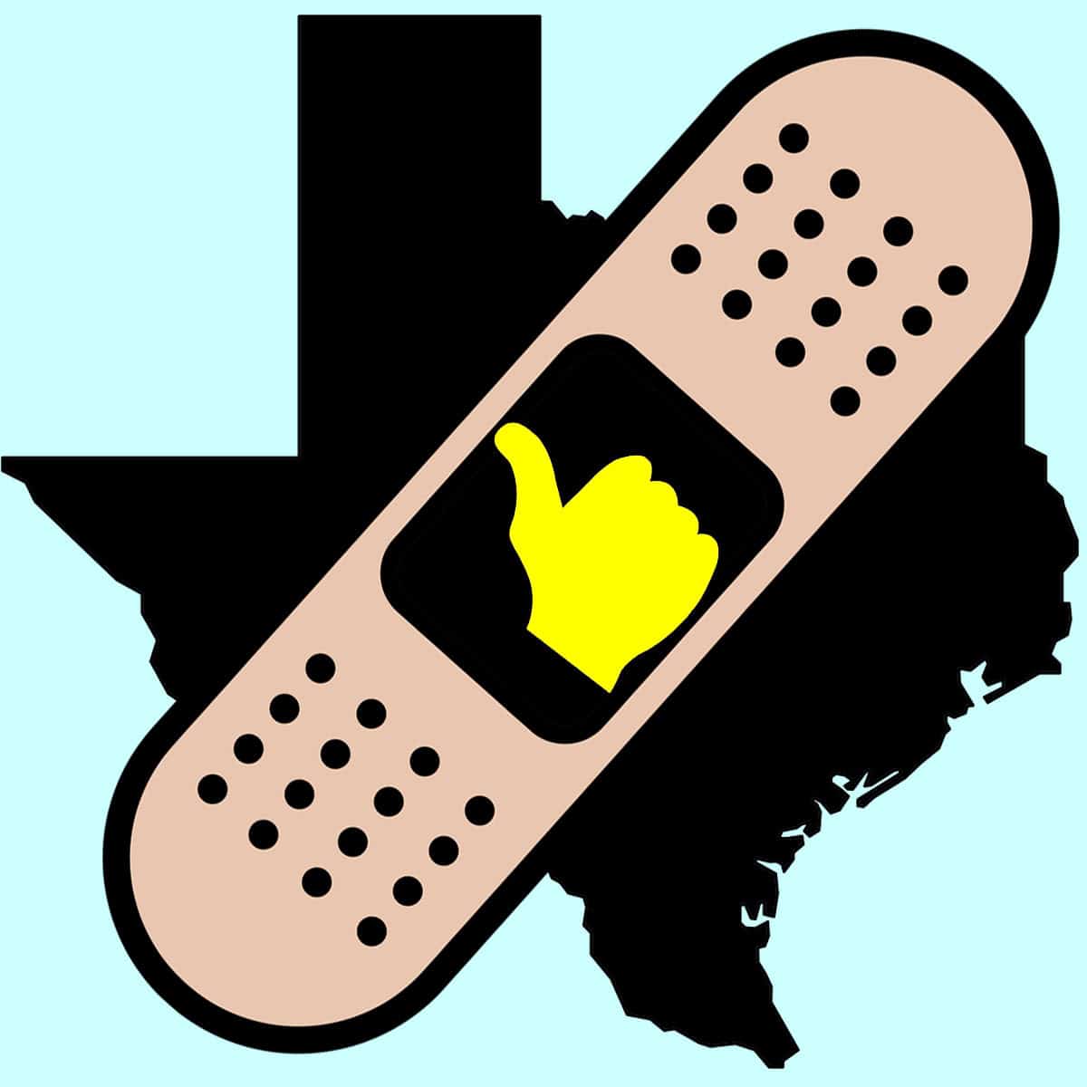 Clip art: "Band Aid" over State of Texas, with "Thumbs Up" in center of "band aid"