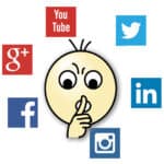 Clip art: Social media images in a circle surrounded by cartoon head with fingers to lips in "hush" gesture