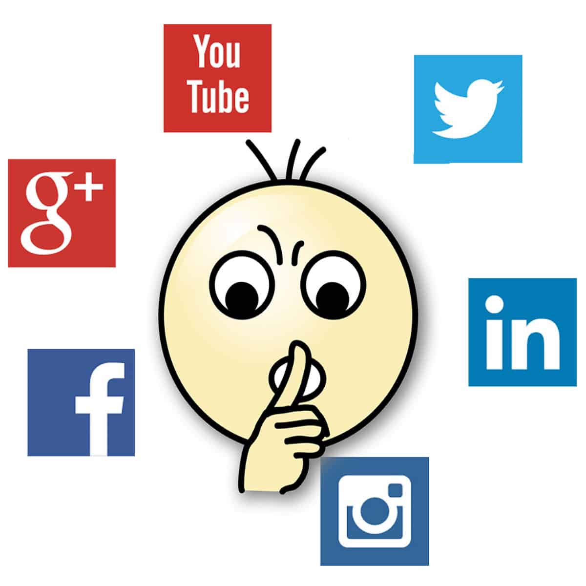 Clip art: Social media images in a circle surrounded by cartoon head with fingers to lips in "hush" gesture
