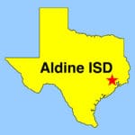 Image: Outline map of Texas with a "star" denoting approximate location of Aldine ISD