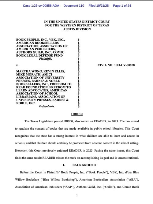 Image: thumbnail of federal Judge Albright's decision striking down book ratings portion of Reeder Act