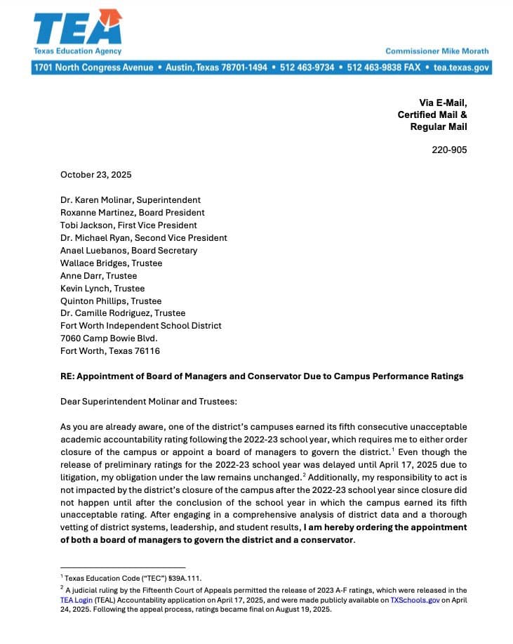 Image: thumbnail first age - Morath letter to FWISD takeover