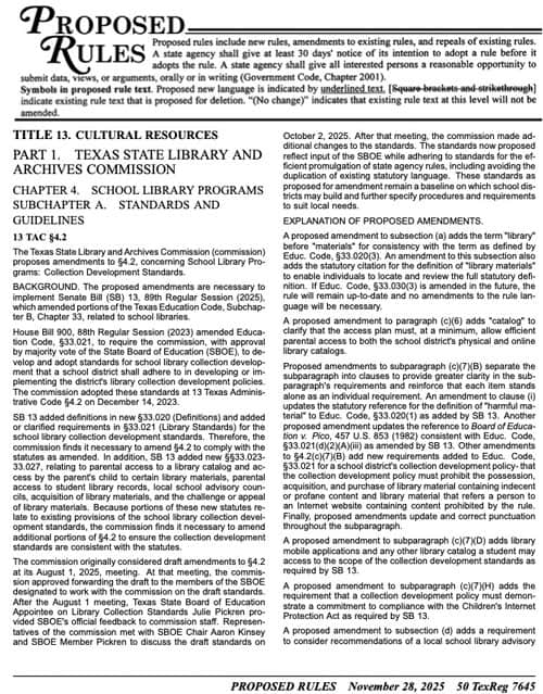 image: first page of proposed school library collection development standards, from Texas Register