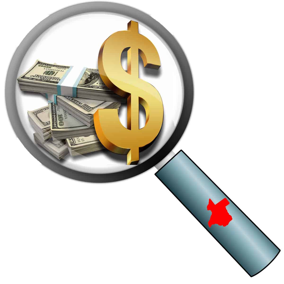 Clip art- Magnifying Glass with Money illustrations in center.