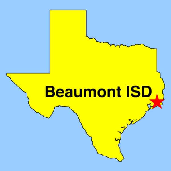 Image: Outline Texas map depicting Beaumont ISD location with a red star.