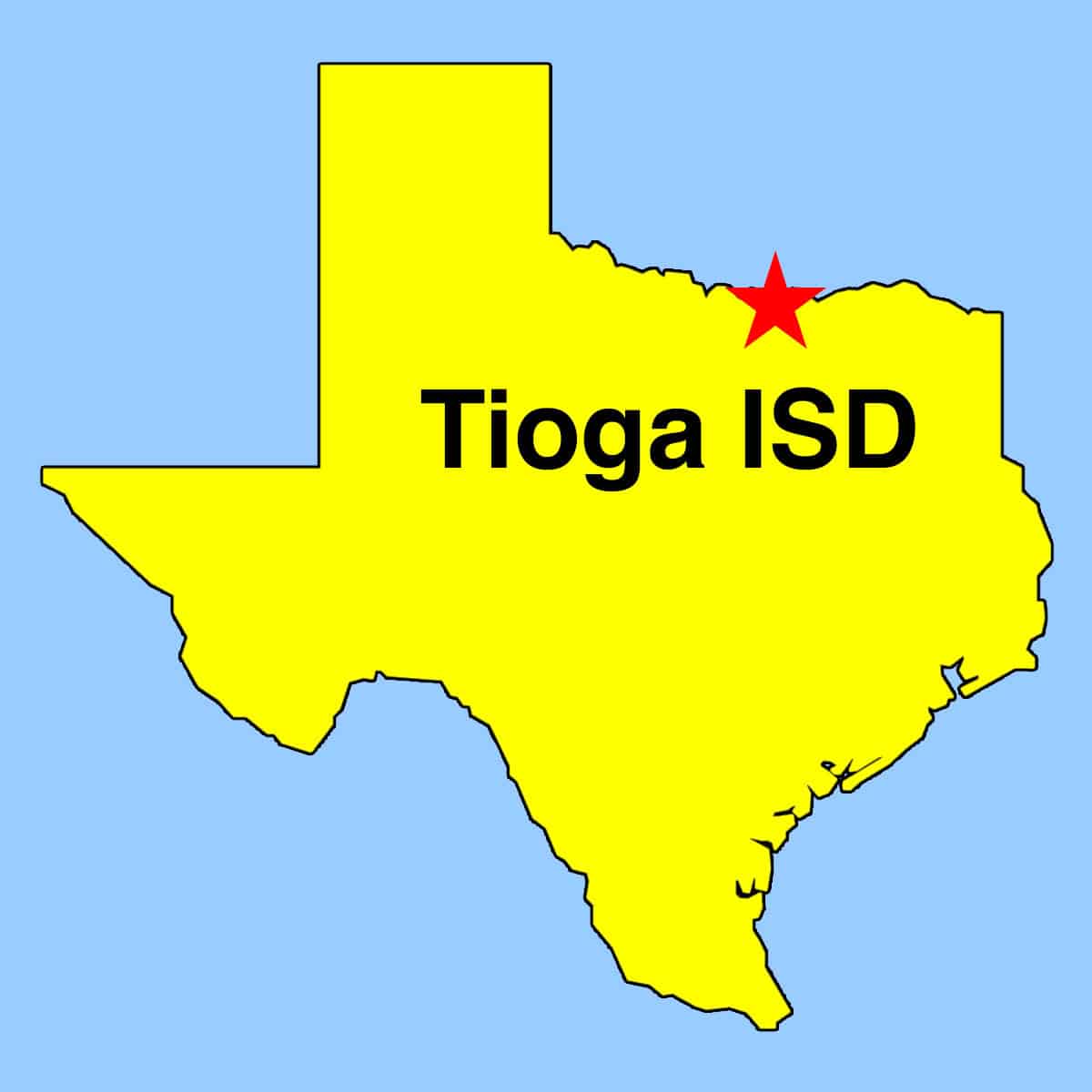 Image: Outline map of Texas with location of Tioga ISD denoted by a star