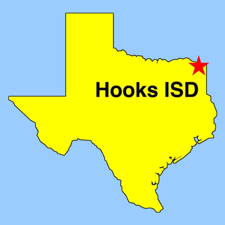 Image: Texas outline map with "star" depicting Hook ISD location in Northeast Texas