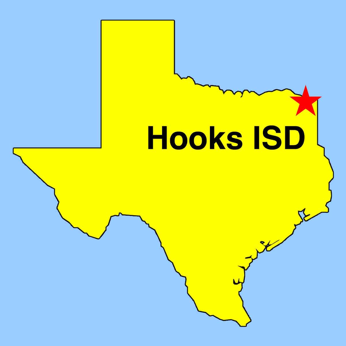 Image: Texas outline map with "star" depicting Hook ISD location in Northeast Texas