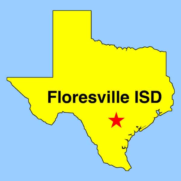 Image: simple map of Texas with star locating Floresville ISD