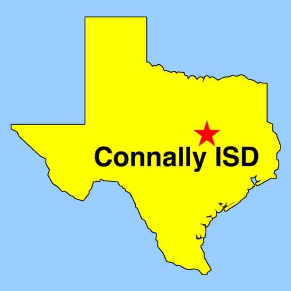 Image: Texas outline map with "star" and text depicting location of Connally ISD