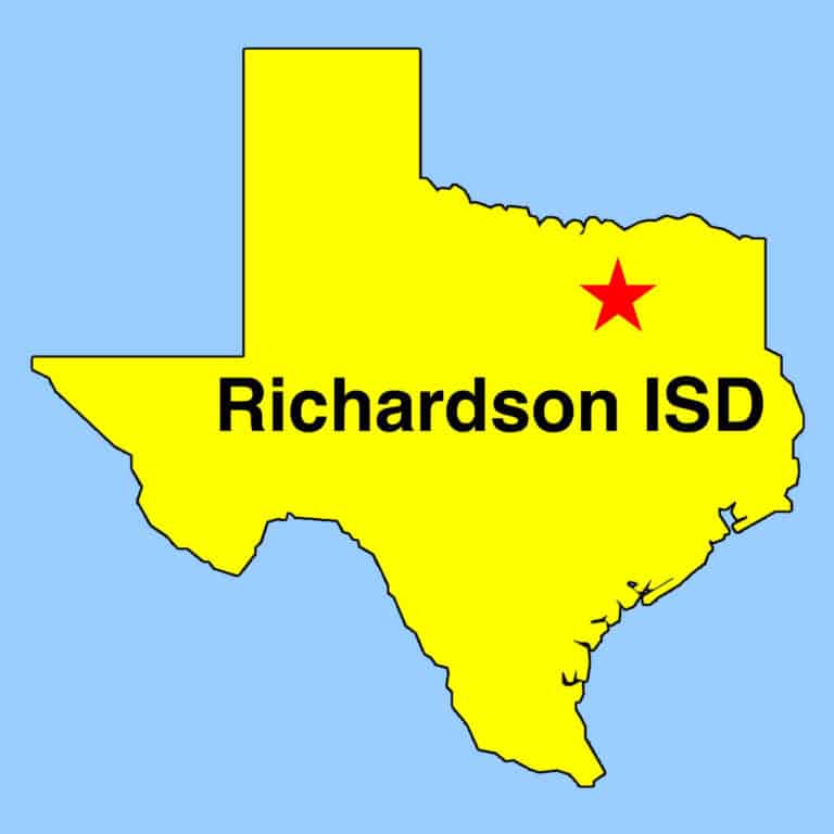 Texas outline map, with a red star depicting location of Richardson ISD