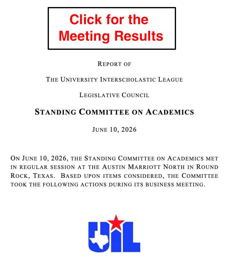 Cover page of UIL summer 2026 meeting results, with text: "Click for Meeting Results"