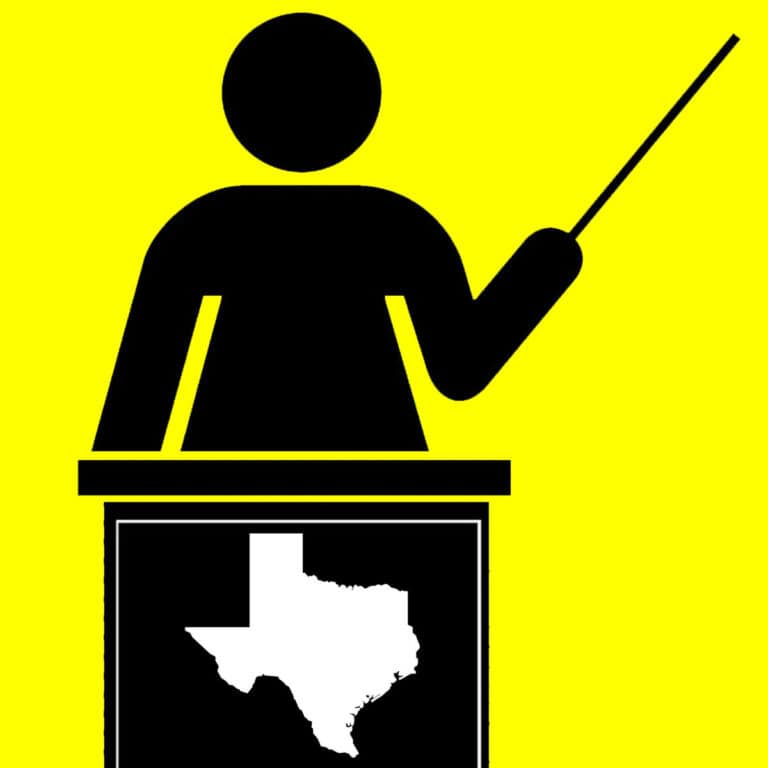 Clip art: Teacher pointing in front of lecturn with outline map of Texas on lanturn's front