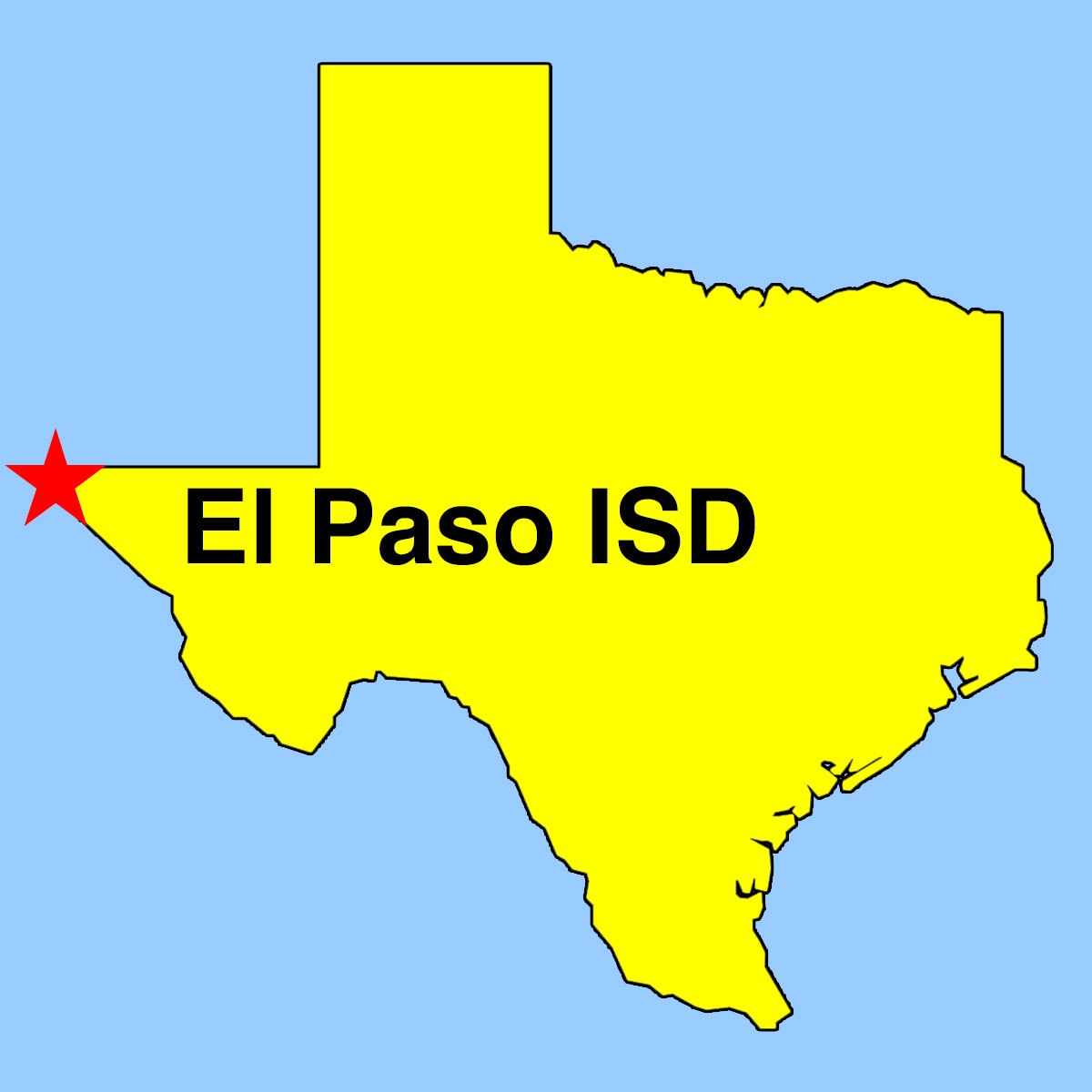 Texas Outline Map showing location of El Paso ISD with a "star" designation