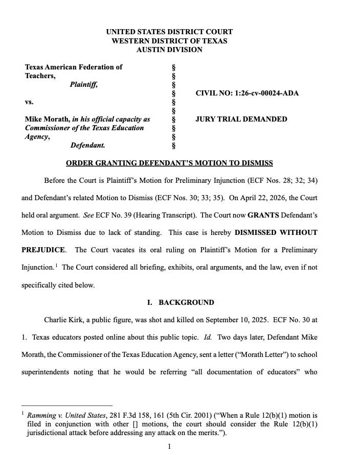 Image: Thumbnail-first page of Judge 
Albright's Texas AFT v Morath Aug. 2026 Dismissal Order