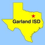 Image: Texas outline map with red star depicting location of Garland ISD