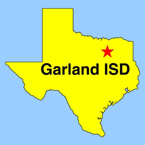 Image: Texas outline map with red star depicting location of Garland ISD