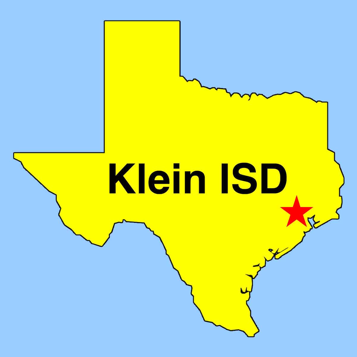 clip art: Outline map of Texas with red star depicting Harris County area location of Klein ISD