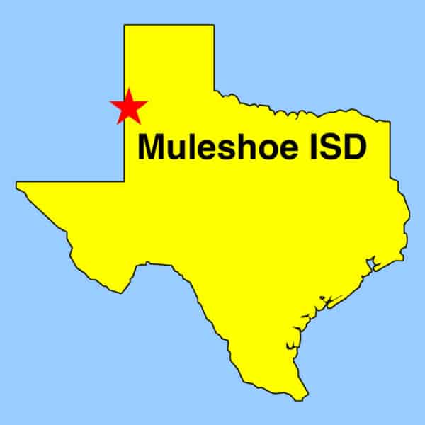 Clip art: Outline map of Texas depicting location of Muleshoe ISD in Panhandle